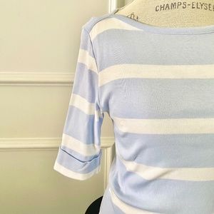 💯 Cotton Boat neck 3/4 sleeve cuff periwinkle light blue white stripe top shirt